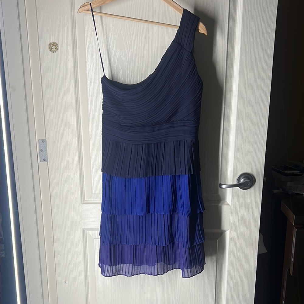 Max & Cleo Arianna Blue Asymmetrical Pleated Cocktail Dress